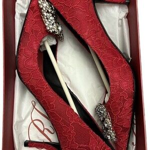 RARE Roger Vivier Red Lace Flower Strass 65mm Heel Pump Wedding New Authentic